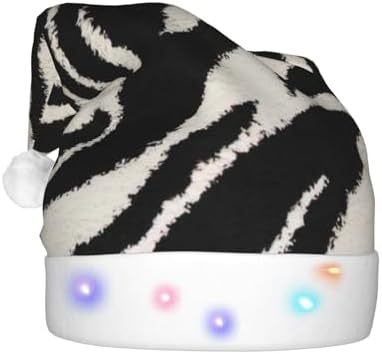 QINZHENG Zebra Print Santa Hat with LED Lights for Adults Christmas Party