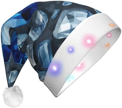 QINZHENG Blue Crystal Print Santa Hat with LED Lights for Christmas Party