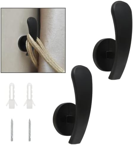 2 Pack Black Curtain Tieback Hooks with Screws