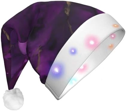 QinZheng Dark Purple Marble Print Velvet Santa Hat with LED Lights