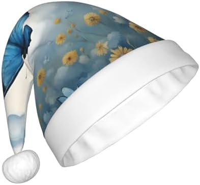 QINZHENG Blue Butterfly Clouds Print Santa Hat for Women