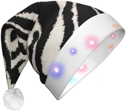 QINZHENG Zebra Print Santa Hat with LED Lights for Adults Christmas Party