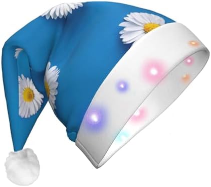 QINZHENG White Daisy Print LED Santa Hat for Adults Christmas Party
