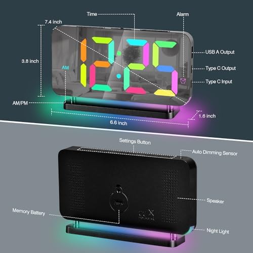 Poeroa Digital Alarm Clock with RGB Night Light and Large Display - Black
