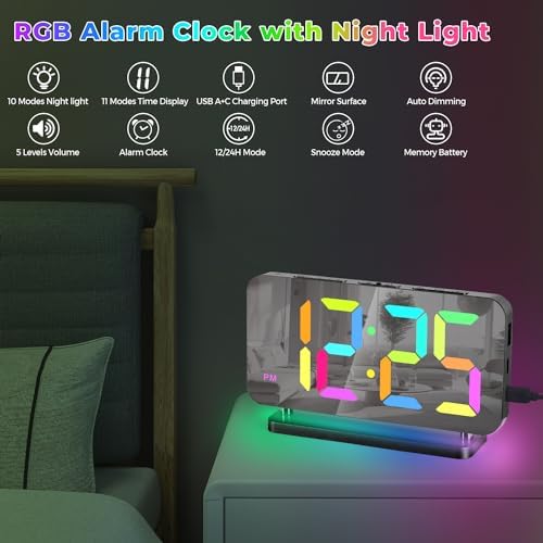 Poeroa Digital Alarm Clock with RGB Night Light and Large Display - Black