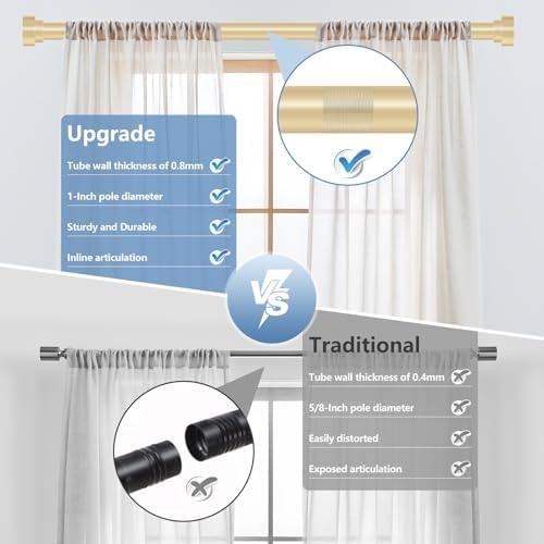 2 Pack Gold Curtain Rods 48-84 Inch 1 Inch Diameter Heavy Duty