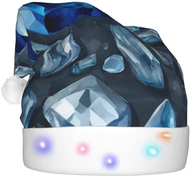 QINZHENG Blue Crystal Print Santa Hat with LED Lights for Christmas Party