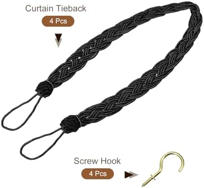 Uxcell 4Pcs Curtain Tiebacks with 4 Metal Hooks Black