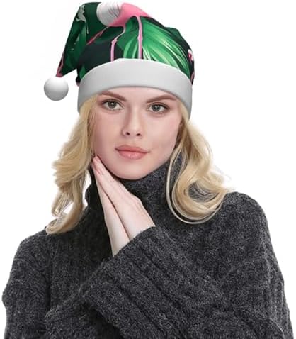 QINZHENG Flamingo Bird Green Leaf Print Santa Hat for Women