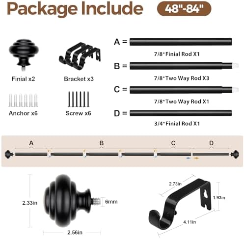 KAMANINA Black Curtain Rods 48-84 Inches Heavy Duty