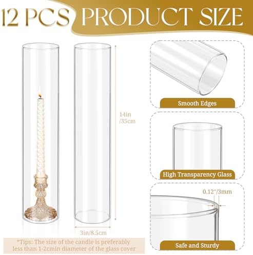 12 Pcs Hurricane Candle Holder Sleeve Clear Glass Cylinder Open Ends