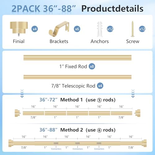 2 Pack Gold Curtain Rods 48-84 Inch 1 Inch Diameter Heavy Duty