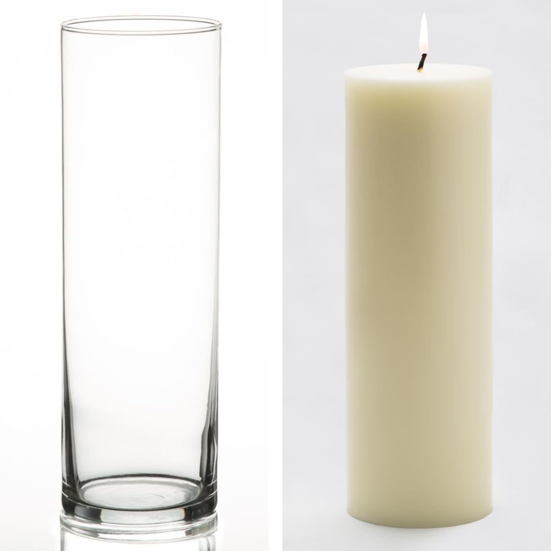 12 Glass Cylinder Vases 105 and 12 Light Ivory Pillar Candles 9