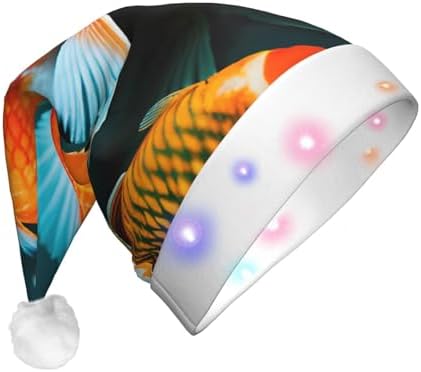 QinZheng HD Japanese Koi Fish Print Velvet Santa Hat with LED Lights
