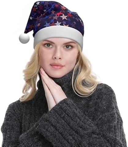 QIN ZHENG Personalized Santa Hat with Red Blue Stars Print
