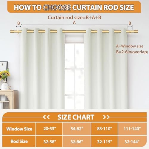TONIAL Gold Curtain Rods 32-58 Inch Adjustable Single Rod with Modern Cap