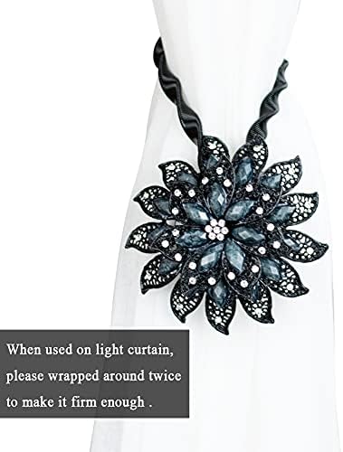 2PCS Magnetic Curtain Holdbacks with Crystal Flower Design Black