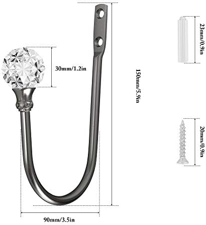 4Pcs Curtain Holdback with Clear Crystal Ball and Matt Black Metal Hooks