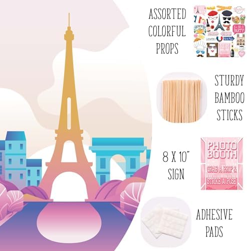 Paris Photo Booth Props 41-Pc Kit with Sign Sticks and Adhesive Pads