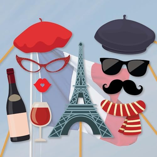 Paris Photo Booth Props 41-Pc Kit with Sign Sticks and Adhesive Pads
