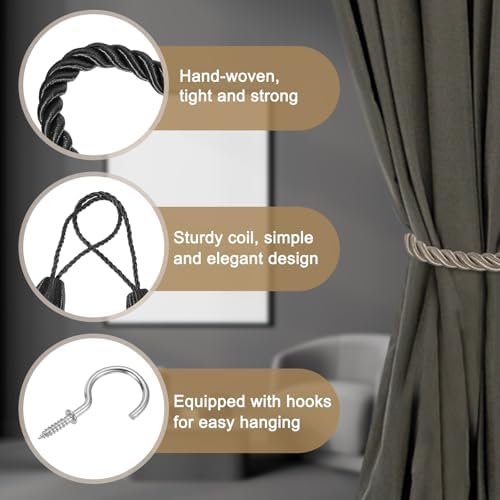 Uxcell 4 Pack Curtain Tiebacks with Metal Hooks Black