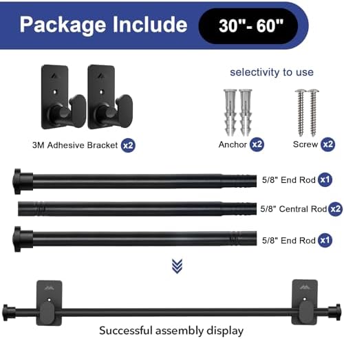 ZNONOX No Drill Curtain Rods 58 Inch Black