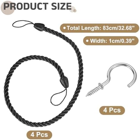 Uxcell 4 Pack Curtain Tiebacks with Metal Hooks Black