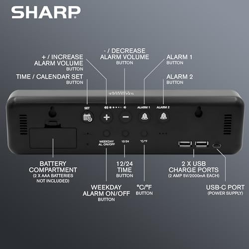 Sharp Digital Alarm Clock with Temperature Display