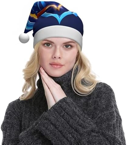 QINZHENG Sky Blue Heart Print Santa Hat for Women