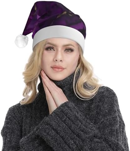 QinZheng Dark Purple Marble Print Velvet Santa Hat with LED Lights