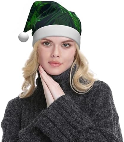 QinZheng Green Tropical Plant Print Santa Hat for Women Adult