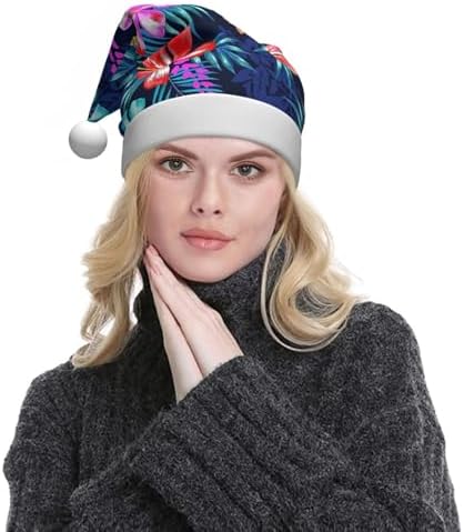 QINZHENG Personalized Floral Blue Santa Hat for Women Adult Christmas Headwear