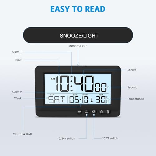 AMIR Travel Alarm Clock with LCD Display and Dual Alarms