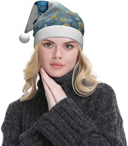 QINZHENG Blue Butterfly Clouds Print Santa Hat for Women