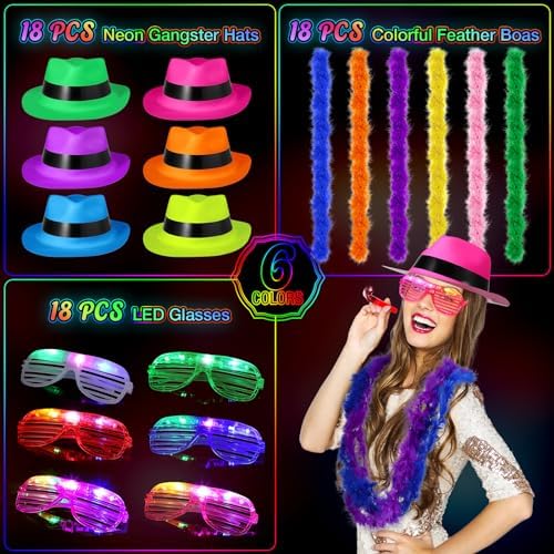 54 Piece Halloween Neon Party Kit with LED Glasses and Gangster Hats