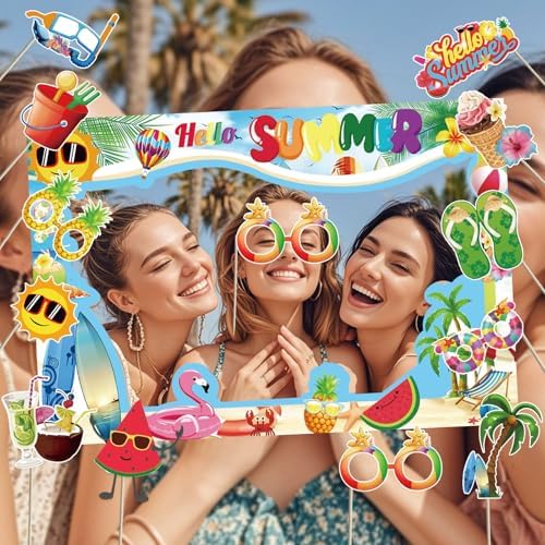 Hello Summer Photo Booth Props Set - Tropical Hawaiian Theme