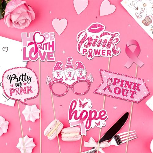 25pcs Breast Cancer Awareness Photo Booth Props with Stick