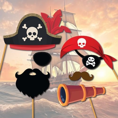 Pirate Photo Booth Props - 41pc Kit with Sign Sticks and Adhesive Pads