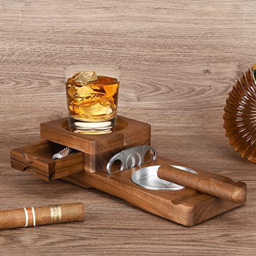 Scotte Wood Whiskey Tray with Cigar Cutter and Ashtray Drawer