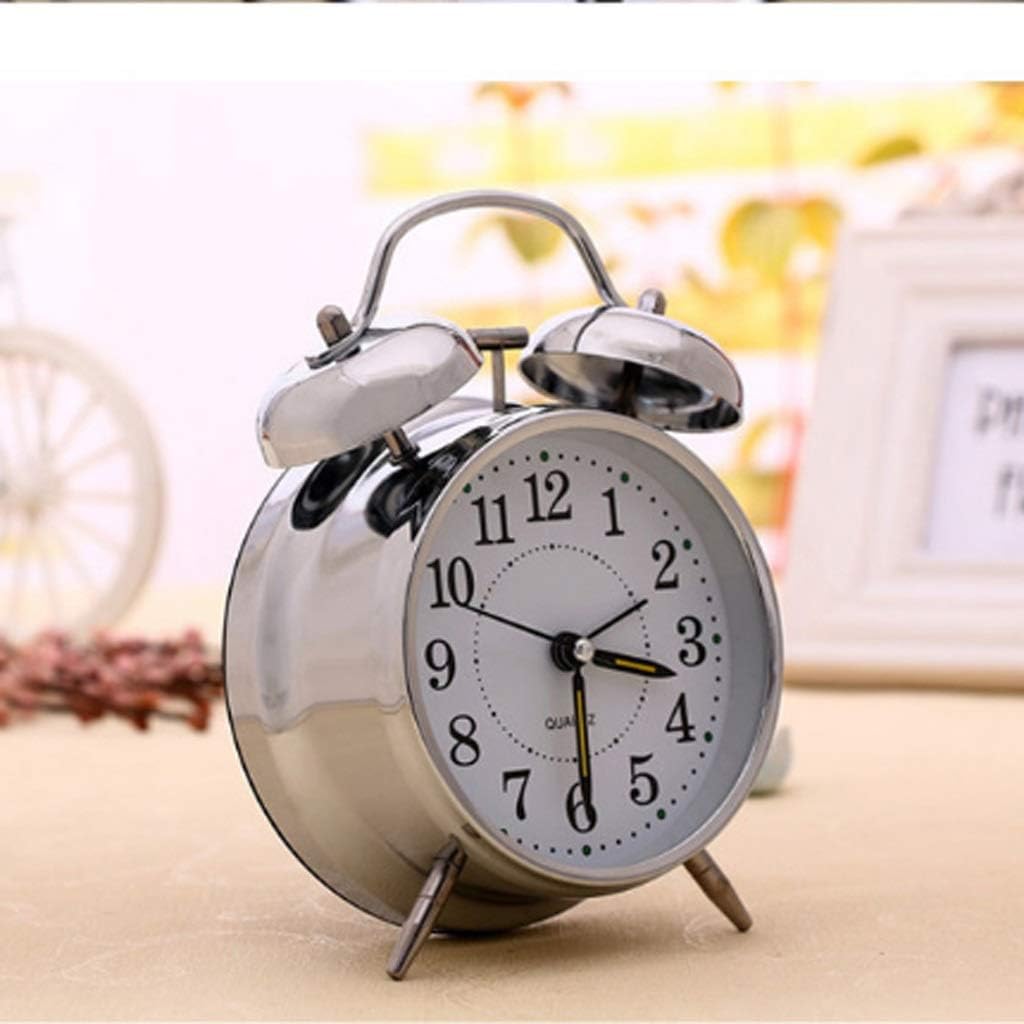 4 Inch Silent Quartz Alarm Clock with Night Light and Silver Plating