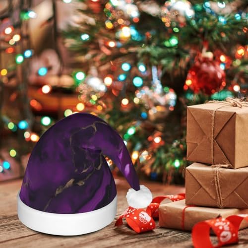 QinZheng Dark Purple Marble Print Velvet Santa Hat with LED Lights