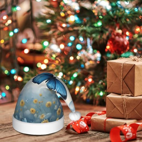 QINZHENG Blue Butterfly Clouds Print Santa Hat for Women