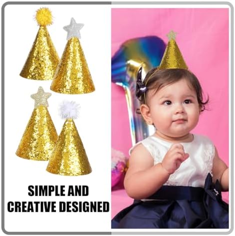 8pcs Golden Star Cone Party Hats with Glitter Ribbons