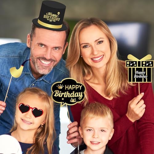 34pcs Gold and Black Birthday Photo Booth Props Kit