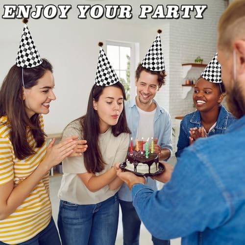 60PCS Race Car Themed Paper Cone Hats with Pom Poms and Elastic