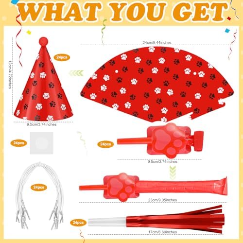 72 Pcs Dog Paw Party Hat Set with Blowers and Noise Makers