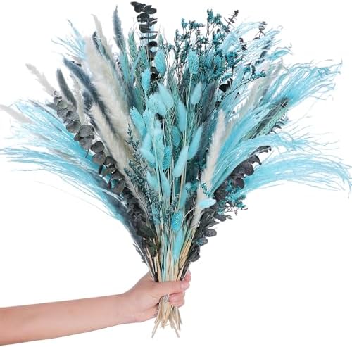 120 Pcs Blue Dried Pampas Grass Decor Bouquet
