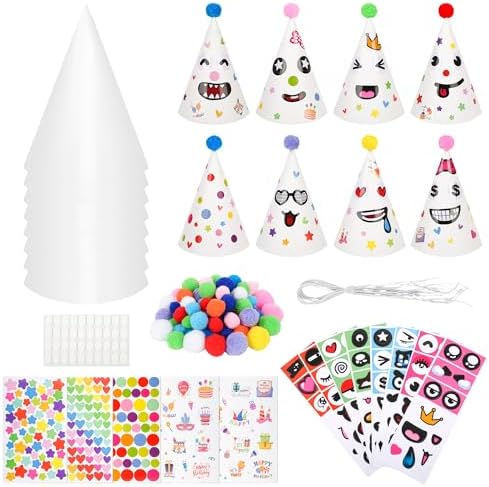 24 Pcs White DIY Birthday Party Hats with Stickers and Pom Poms