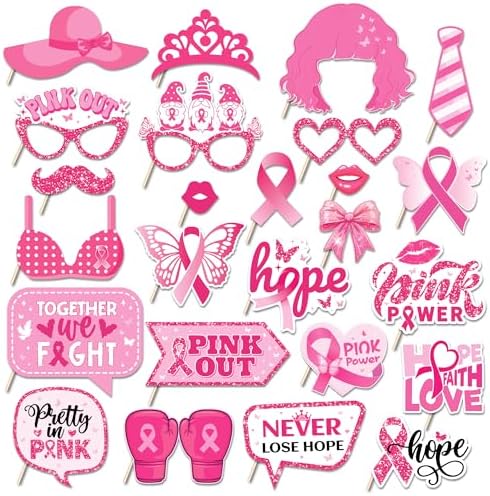 25pcs Breast Cancer Awareness Photo Booth Props with Stick