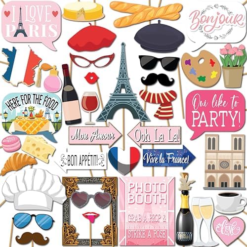 Paris Photo Booth Props 41-Pc Kit with Sign Sticks and Adhesive Pads